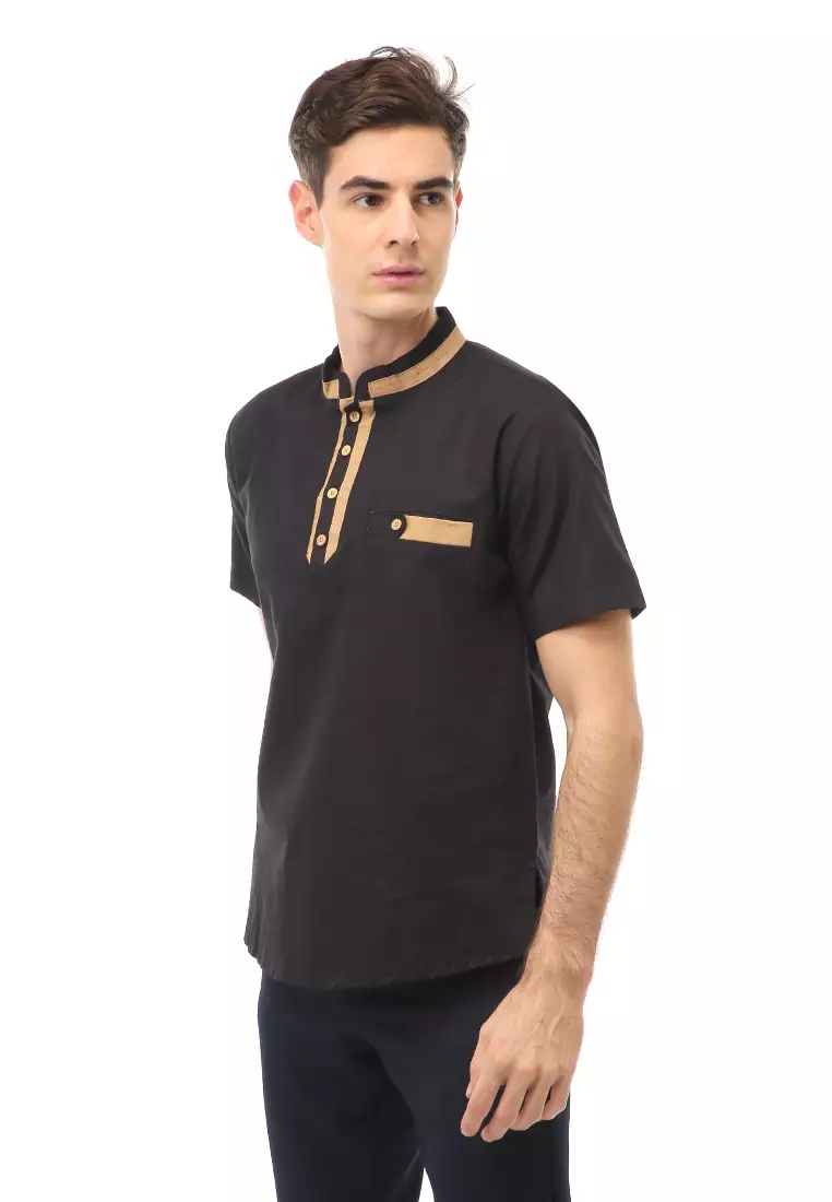 Dwan Atasan Formal Pria Kemeja Koko Motif List Kancing Short Sleeve Material Cotton ORIGINAL - Black