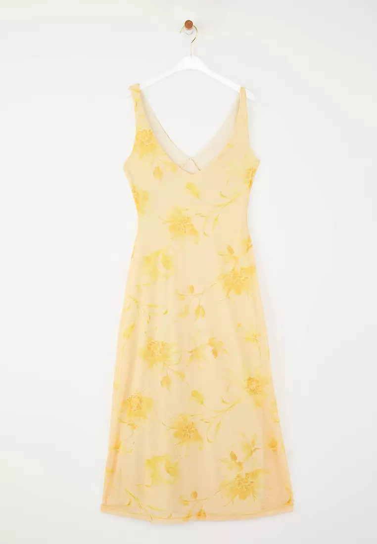 Light Yellow Fitted Abstract Bow Maxi Tulle Stretch Knit Dress Twoss25El00361
