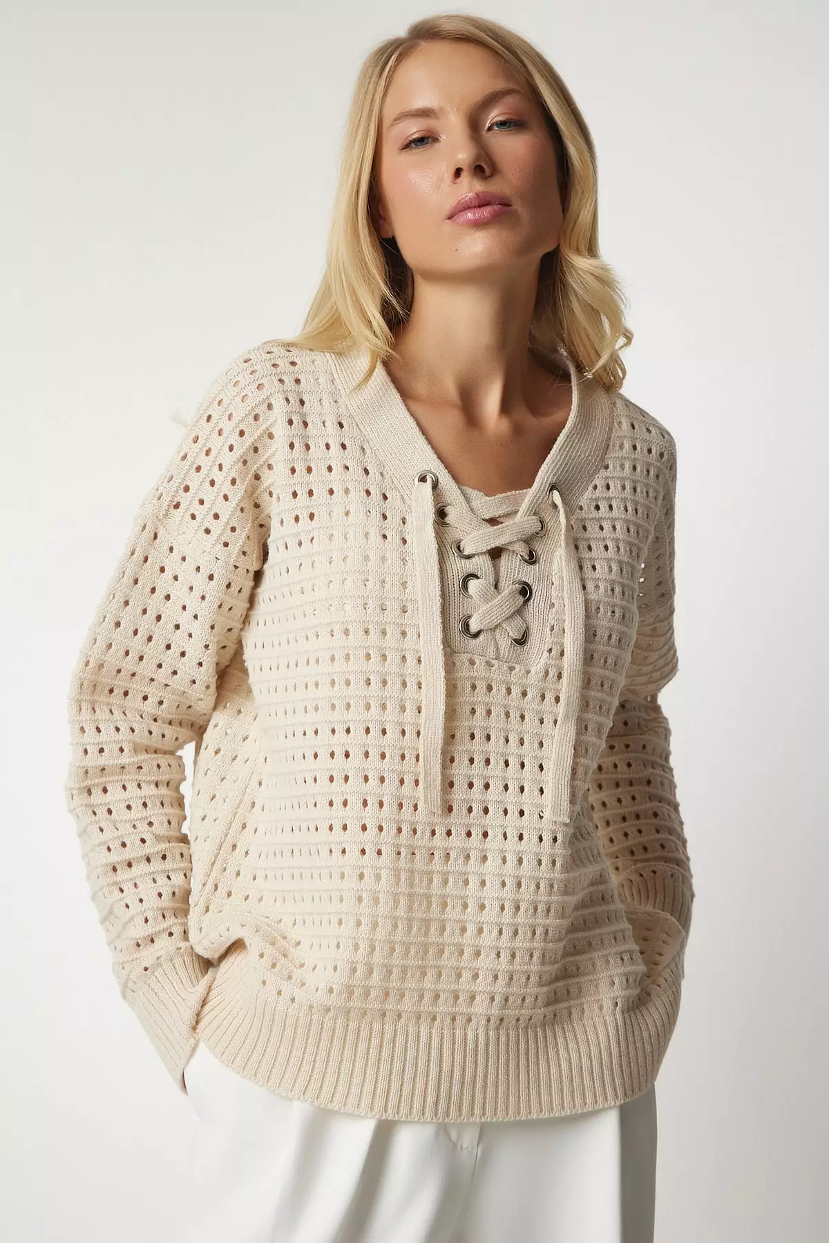 Buy Happiness Istanbul Cream Collar Lace-Up, Openwork Knitwear Sweater ...