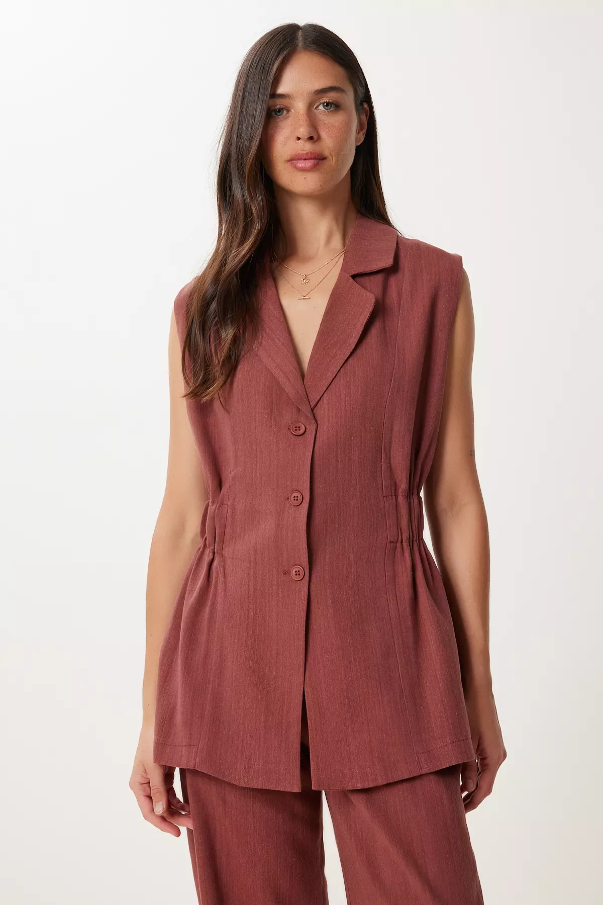 Women's Burgundy Linen Vest Pants Suit No00025