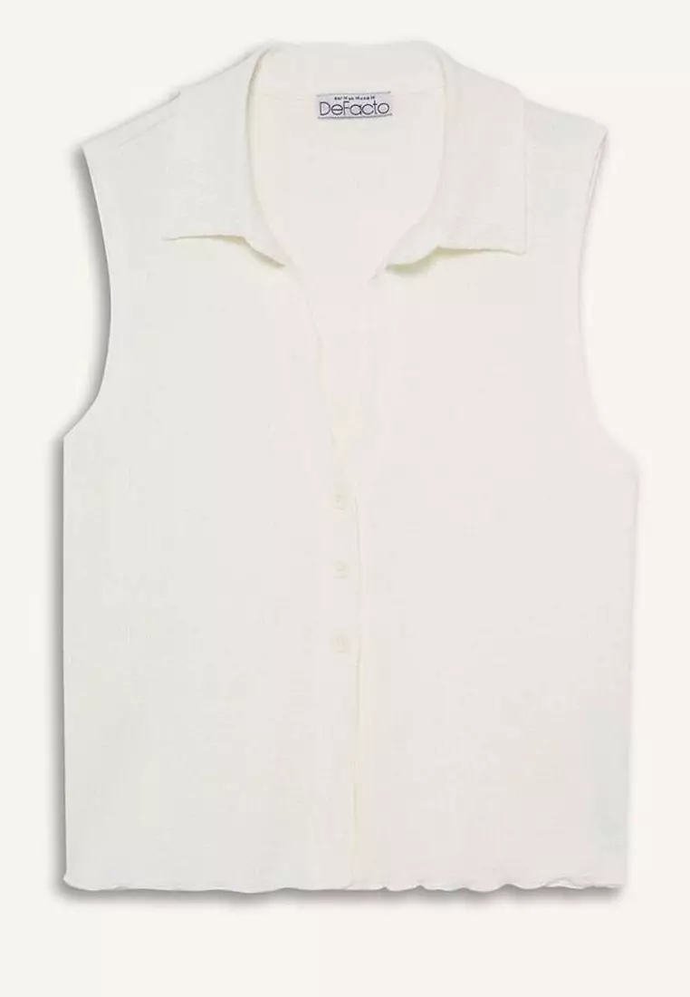 Fitted Shirt Collar Textured Sleeveless White Blouse F1018Ax25Sm