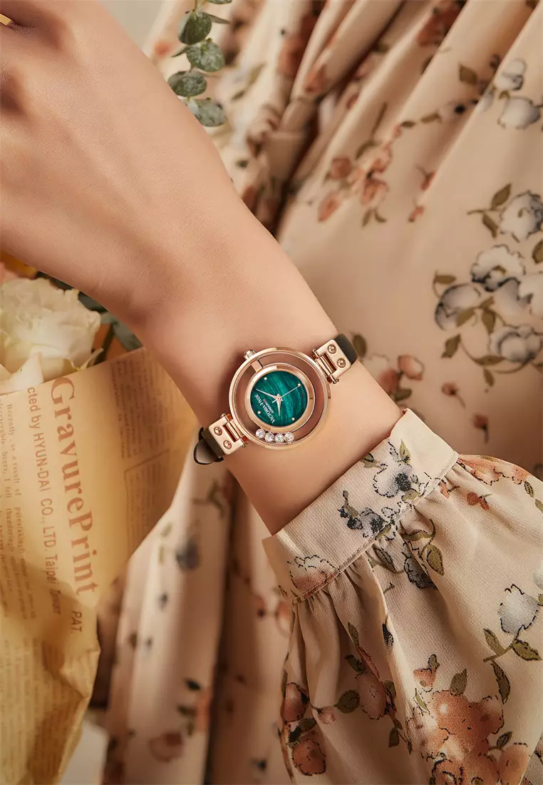 Sparkle Star 女士手表 真皮表帶 30mm玫瑰金表殼 綠色表面 流動鑽石-黑色