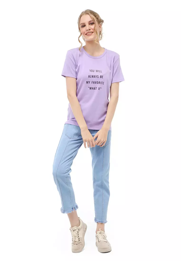Genevie Kaos Kasual Wanita Lengan Pendek You Will Be Material Cotton ORIGINAL - Lilac