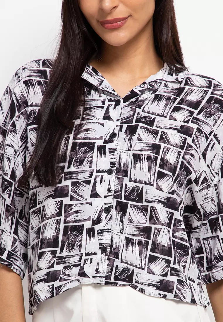 Nade Japan FT073 Kemeja Pantai Kasual Wanita Brush Box Hitam