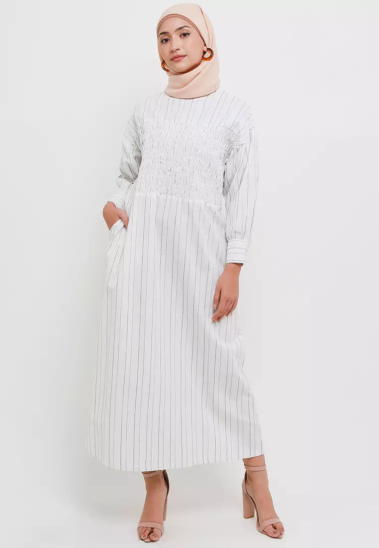 MFMW Nurlela Dress Broken White Motif Garis