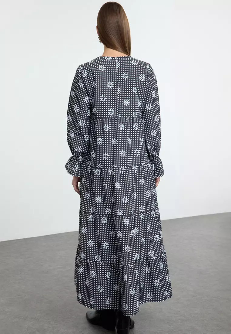 Gingham Floral Printed Sleeve Elastic Detailed Dress