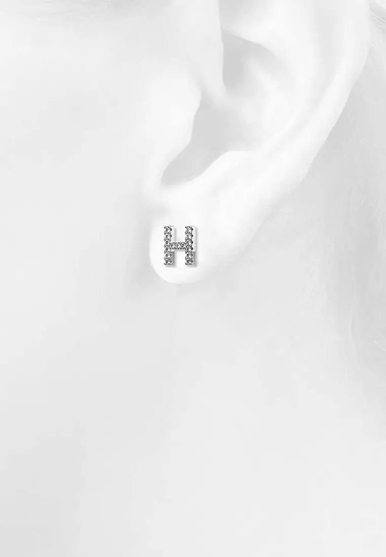 Solid 925 Sterling Silver Glamour Alphabet Letter Earrings  - H