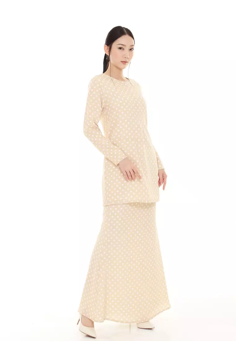 Rina Polka Dot Printed Kurung Basic Modern in Beige