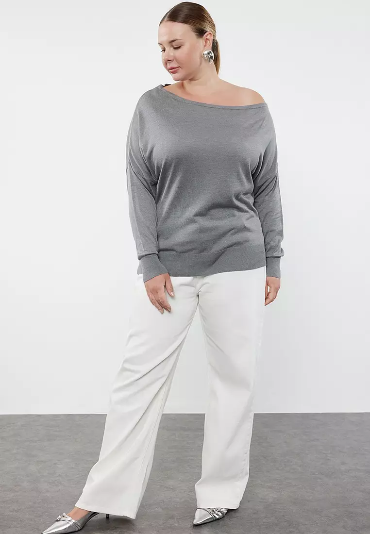 Gray Boat Neck Knit Sweater Tbbaw24An00041