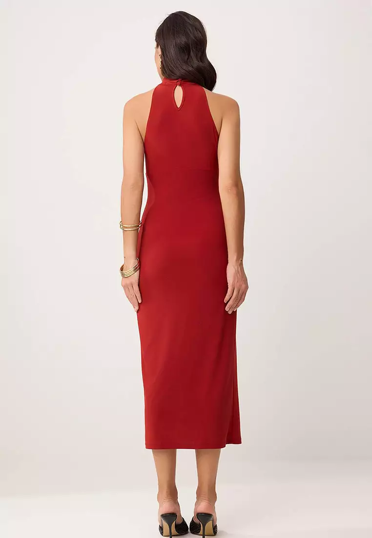 Tile Bodycon Halter Collar Sleeveless Accessory Detailed Midi Stretchy Knitted Dress Twoss26El267