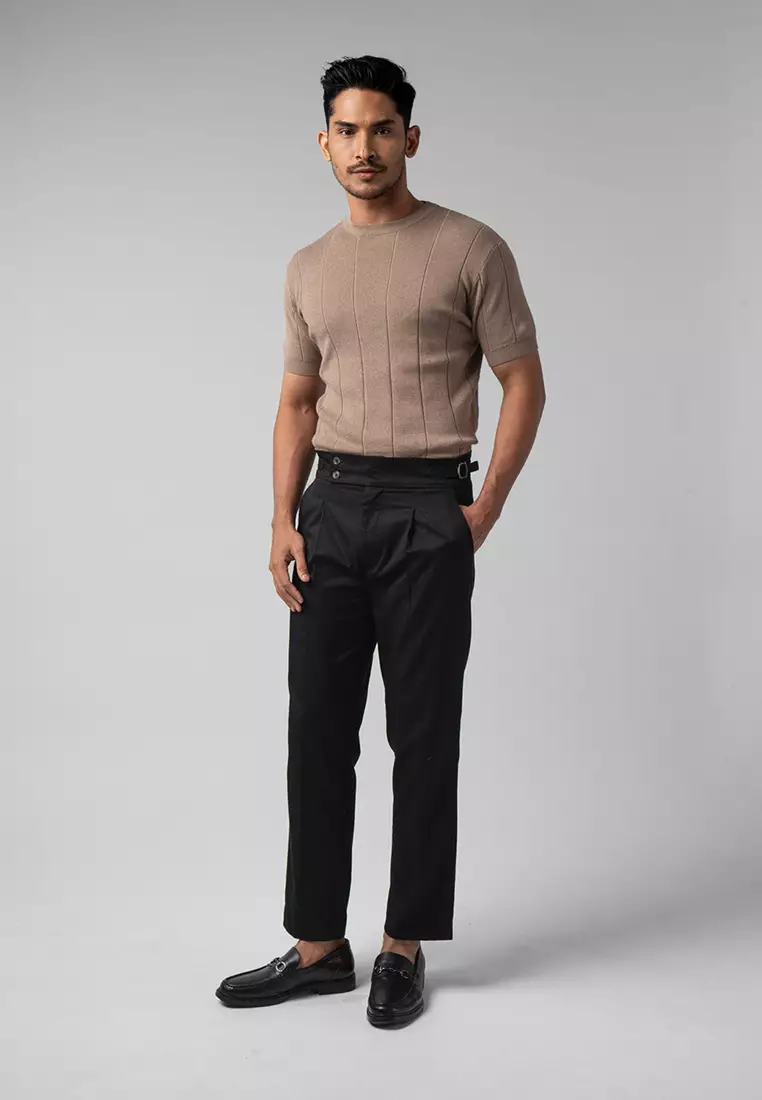 Mens Striped Knitted T-Shirt Cotton Light Brown SS