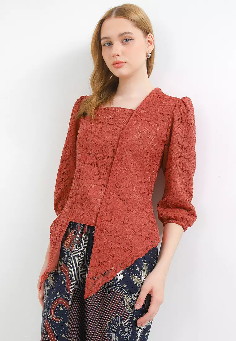 Blouse Atasan Kebaya Wanita Lace Nara Rust Lengan Puff