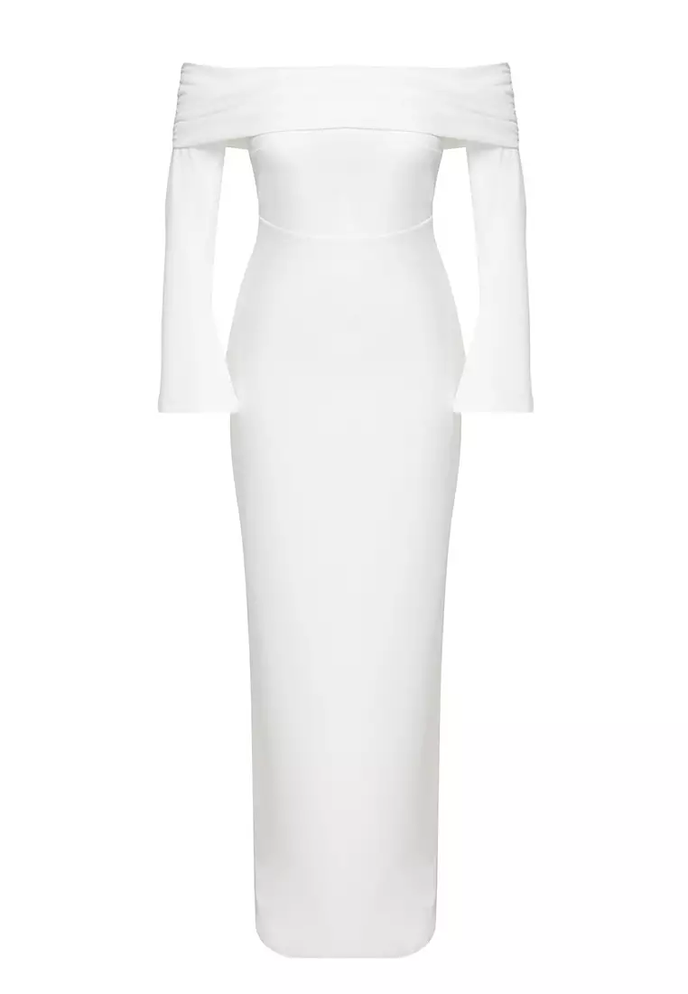 White Carmen Collar Knitted Long Elegant Evening Dress TPRSS24AE00204