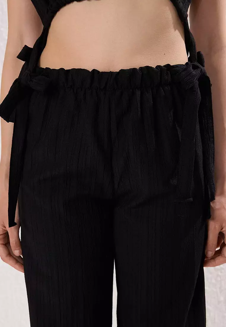 Black Woven Binding Detailed Deep V-Neck Beach Blouse Pants Suit Tbess25Au00088