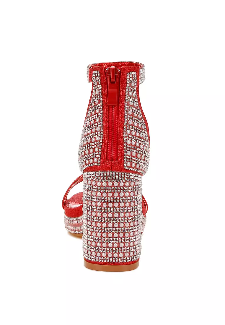 Sandal Berlian Imitasi Dan Hiasan Mutiara Warna Merah