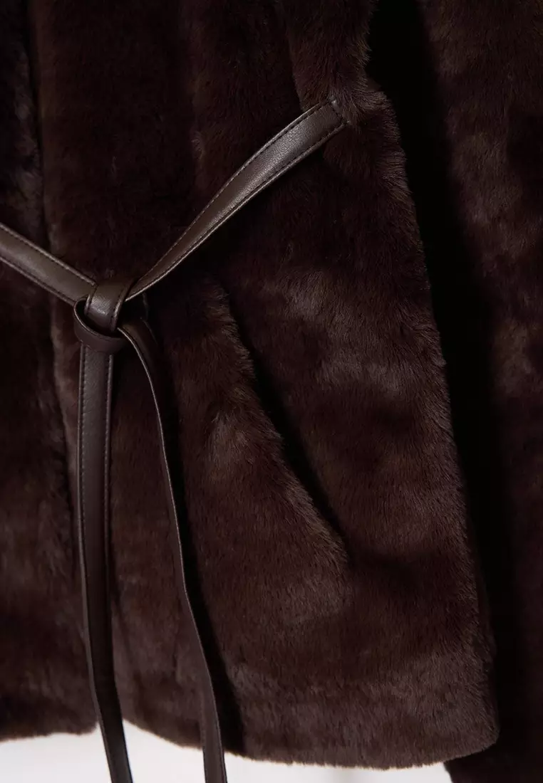 Brown Oversize Pattern Plush Jacket Coat With Lacing Detail