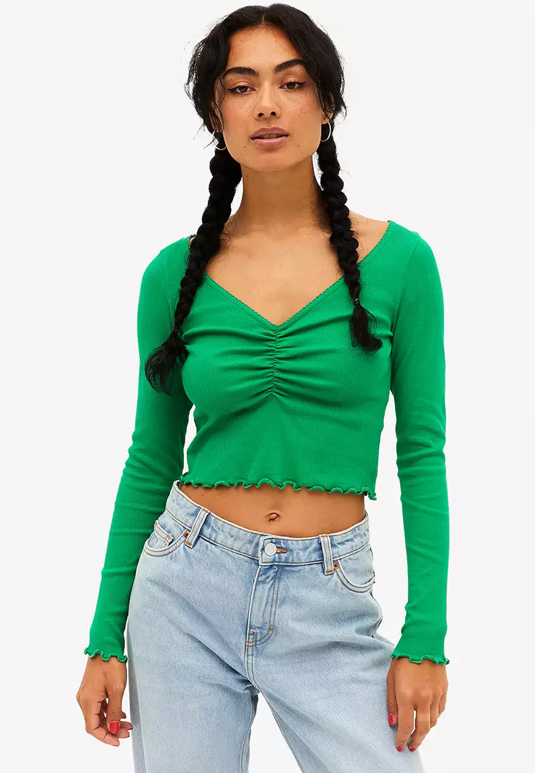 Buy Monki Long Sleeves Lettuce Hem Cropped Top Online ZALORA Malaysia