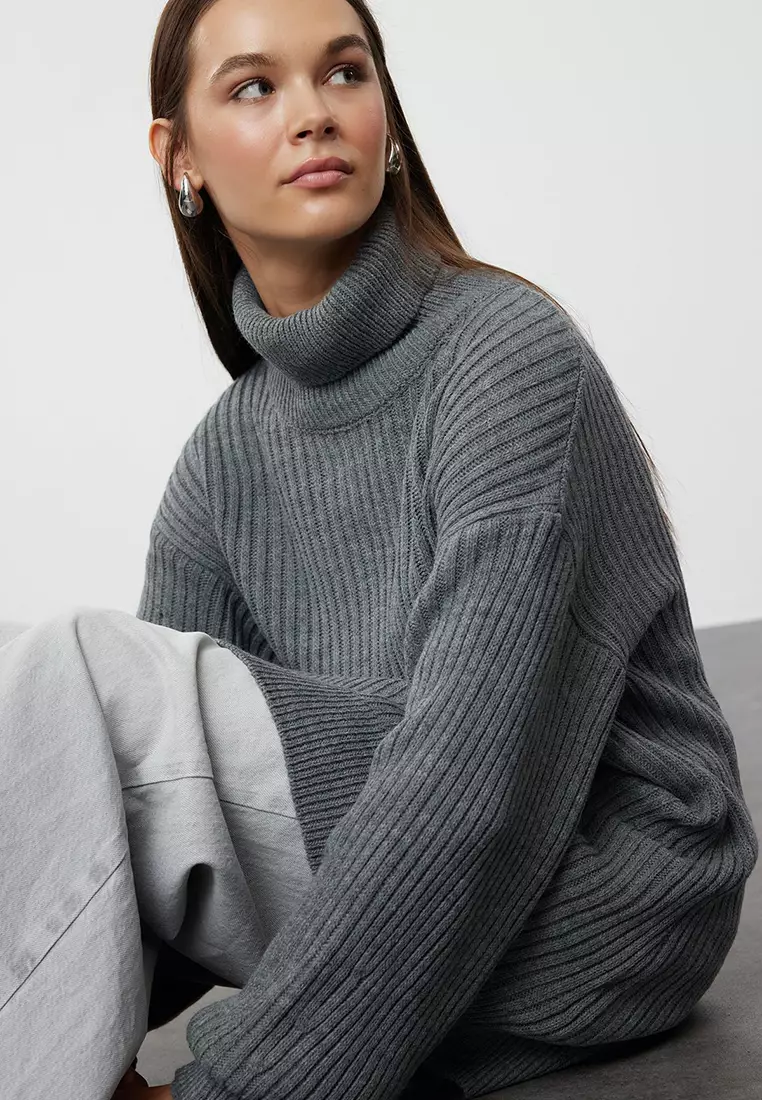 Anthracite Ribbed Basic Knitwear Sweater Tctaw25Ak00009