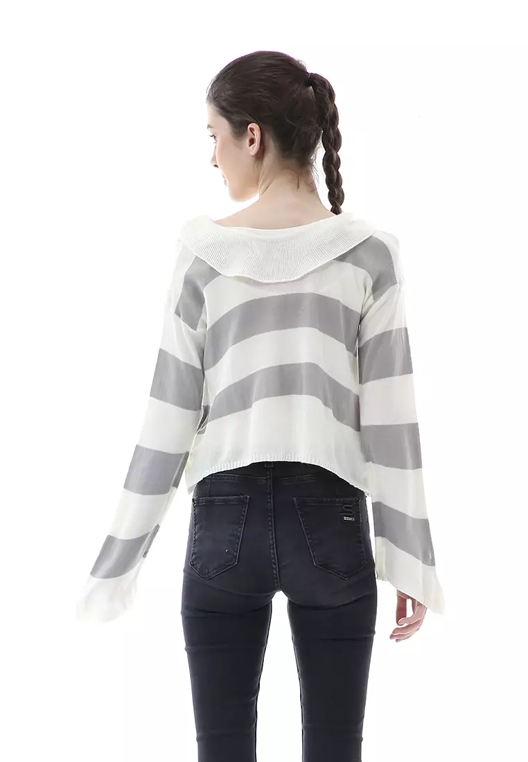 Vilia Rajut Crop Atasan Wanita Oversize Motif Stripe Garis Relaxed Fit - Abu Muda