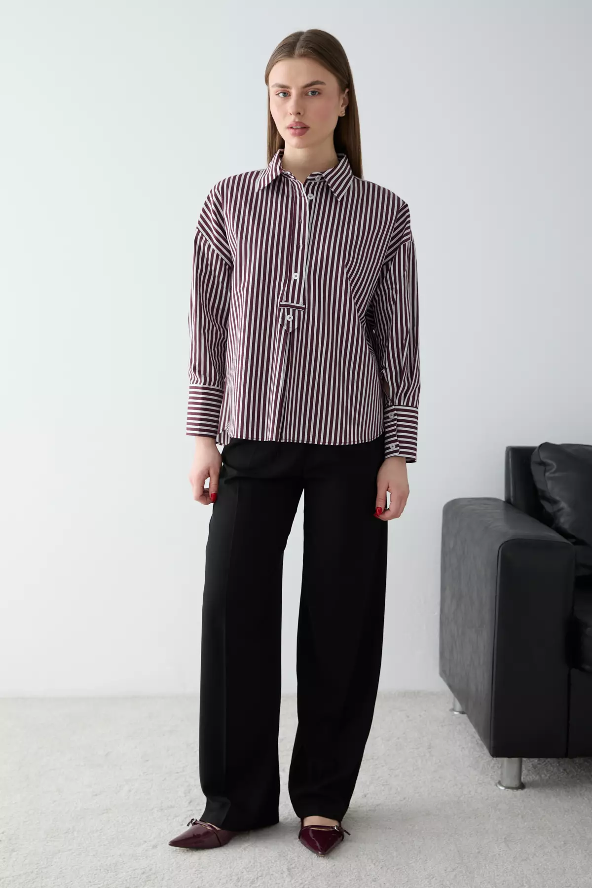 Burgundy-Ecru Striped Half-Button Oversized Woven Blouse Twoss26Bz565