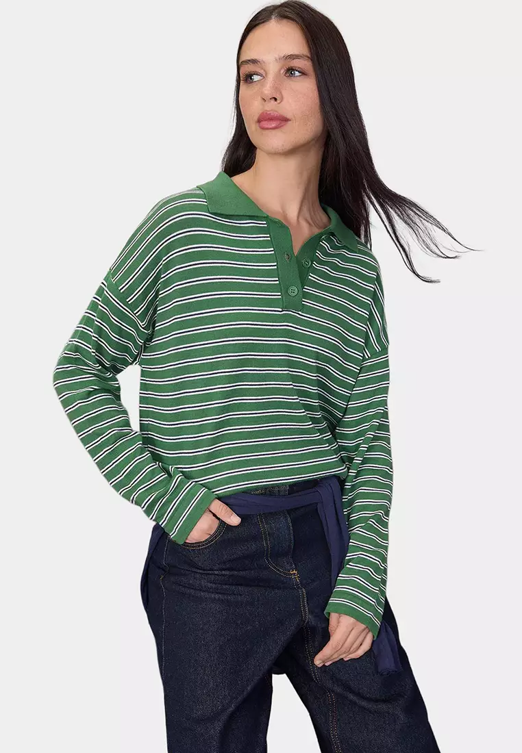Wardrobe Essentials Green Premium Yarn/Custom Yarn Wide Fit Striped Knitwear Sweater Twoaw26Kz195