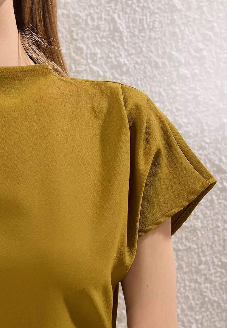 Oil Green A-Line Cowl Neck Midi Crepe Woven Dress TWOAW25EL00393