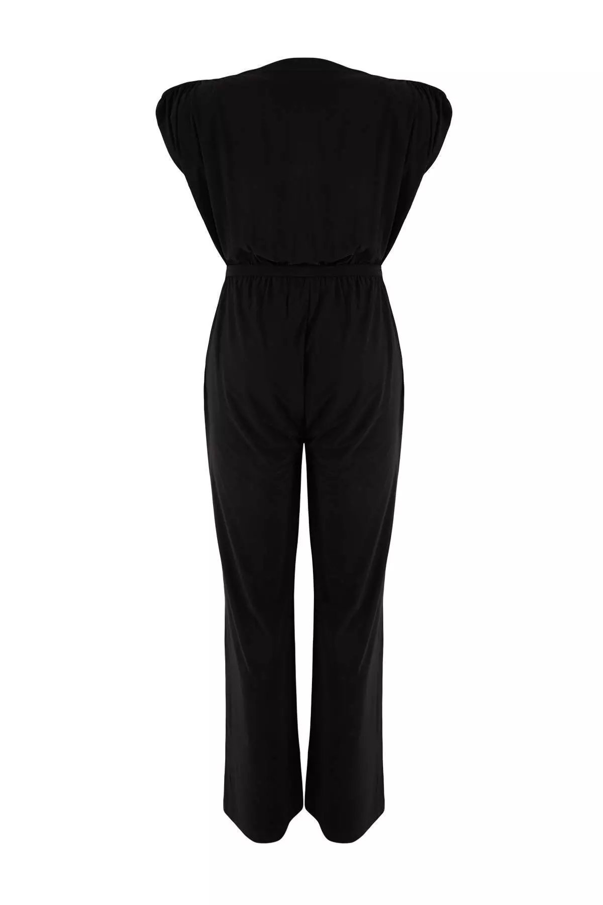 Black V-Neck Belted Knitted Plus Size Jumpsuit Tbbss26Bg00011