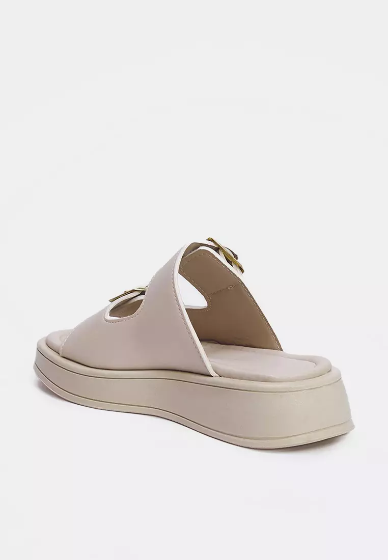 Beige Double Banded Buckle Detailed Thick Sole Women's Slippers Takss25Te00044