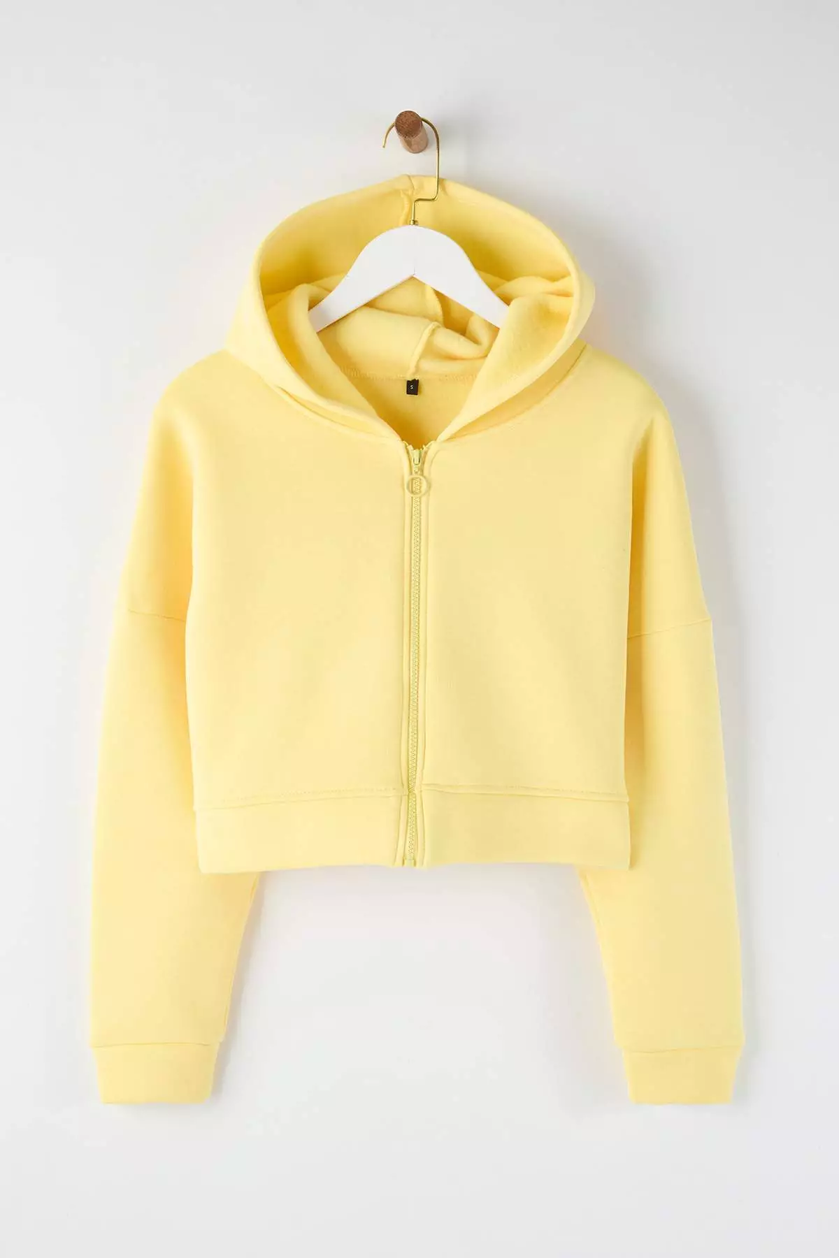 Light Yellow Zipper Hooded Relaxed Fit Crop Thick Inner Fleece Knitted Sweatshirt Twoaw2Sw66