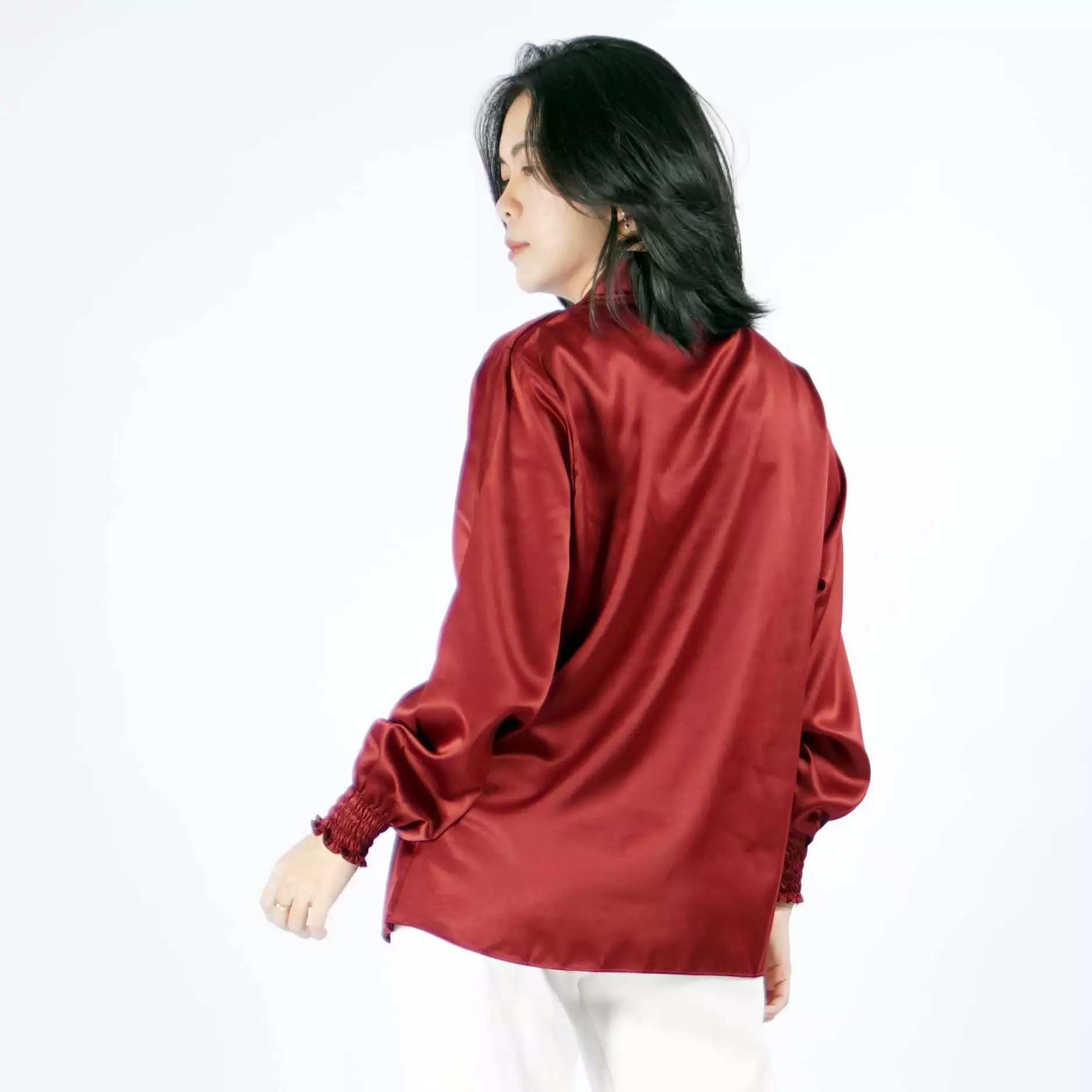  SAFIRE Top Satin Blouse Satin Gaya Korea Blus Elegan Krah V - Marun