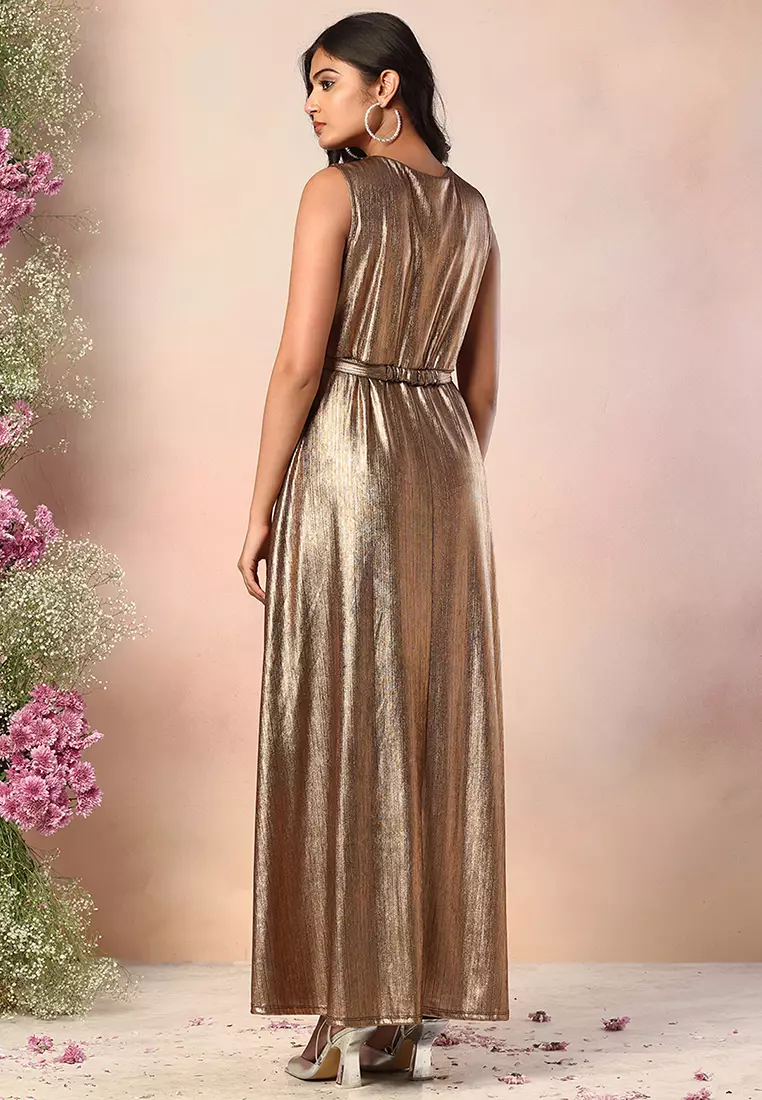 Brown Metallic Wrap Maxi Dress With Embellished Belt