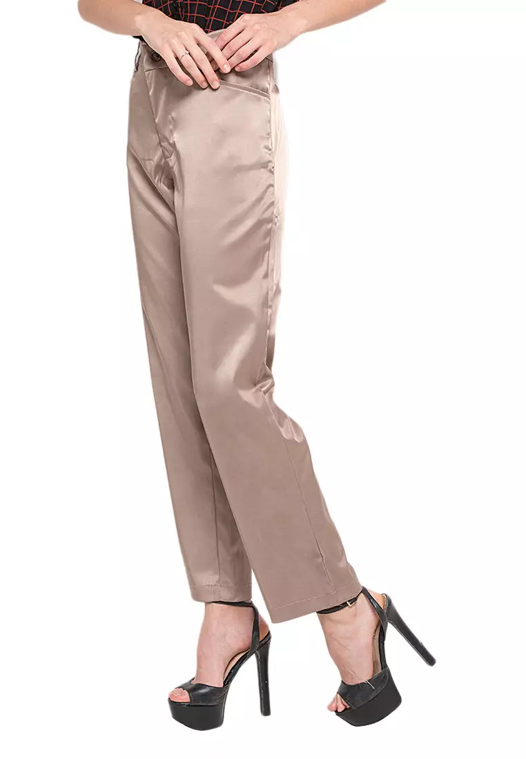 Jane Celana Kerja Trousers Motif Solid Bawahan Wanita Regular Fit - Cream