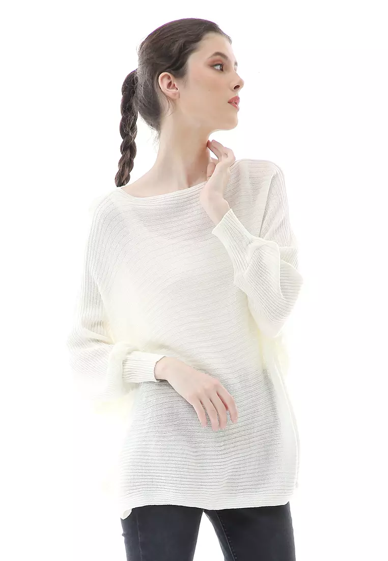 Eveline Sweater Rajut Batwing Atasan Wanita Motif Polos High Quality - Putih