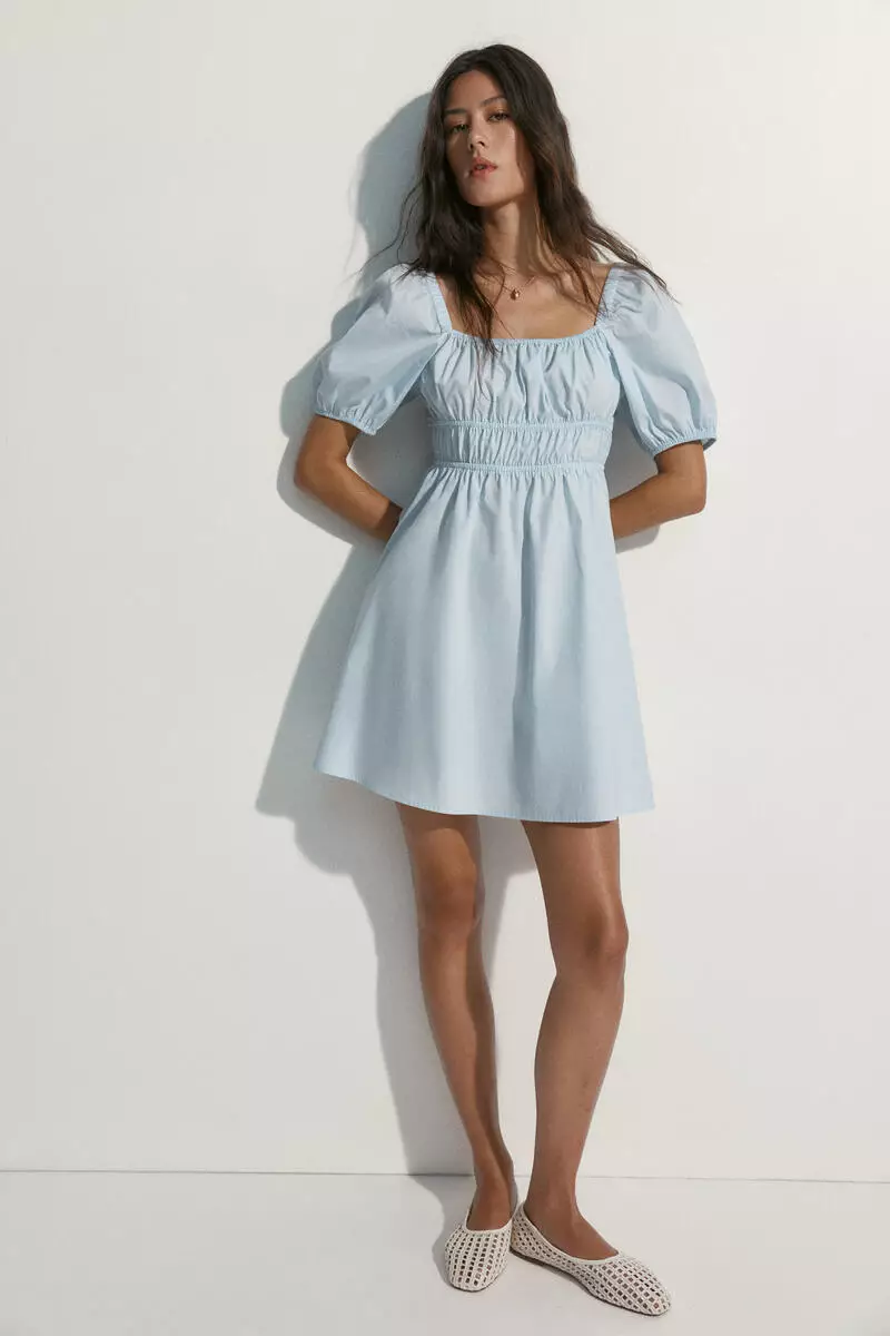 Puff-sleeved poplin dress