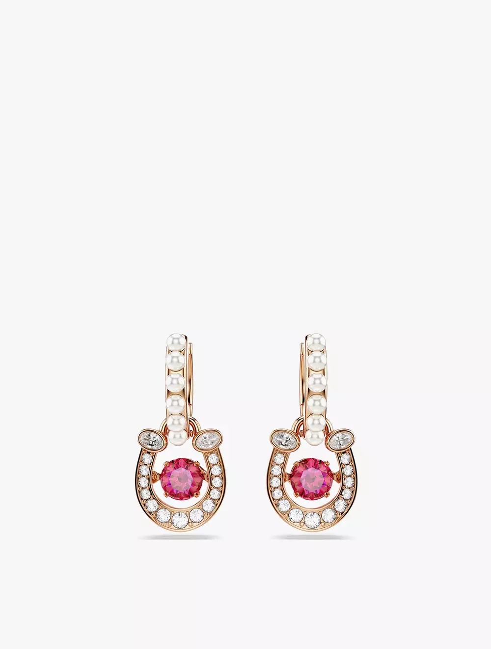 Symbolica drop earrings, Crystal pearl, Round cut, Pavé, Horse shoe, Red, Rose gold-tone plated