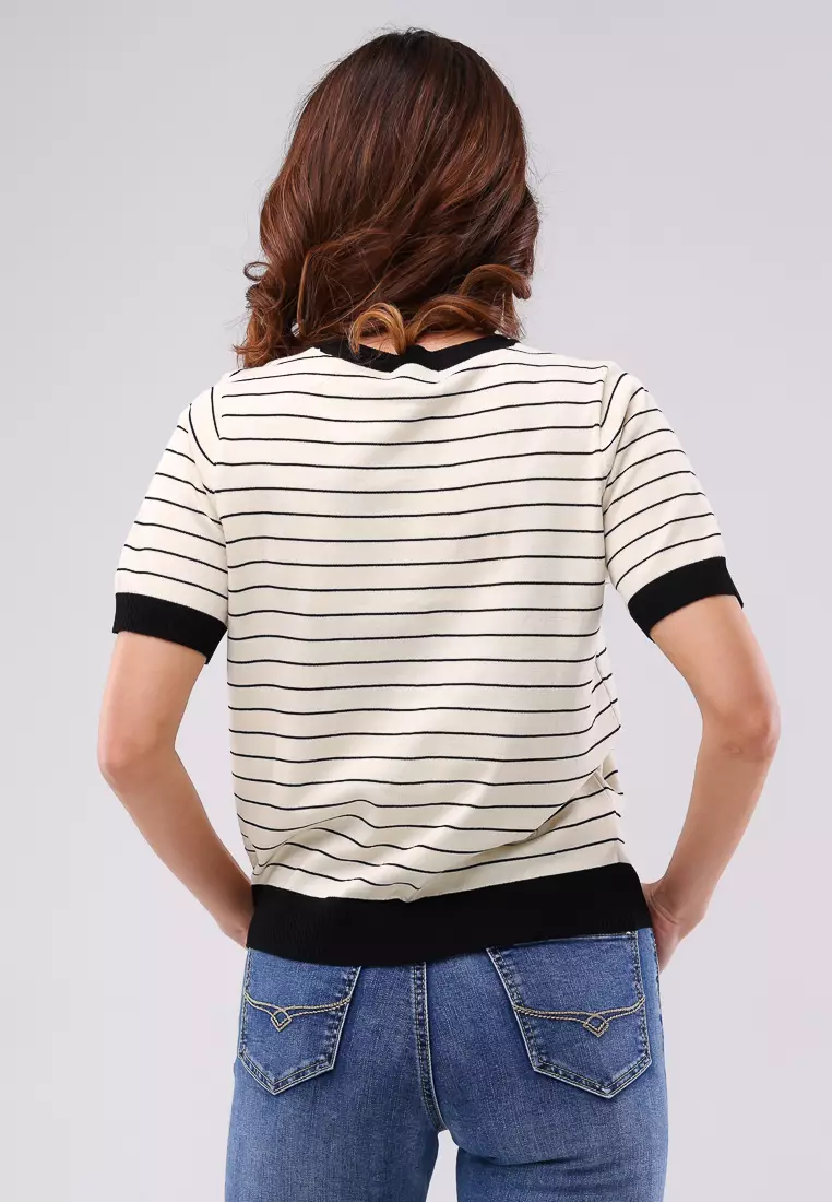 Knitted Stripes Short Sleeves Blouse