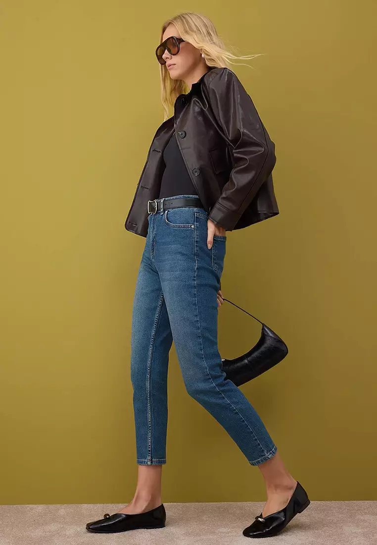 Blue High Waist Flexible Comfort New Mom Jeans Twoaw26Je00056