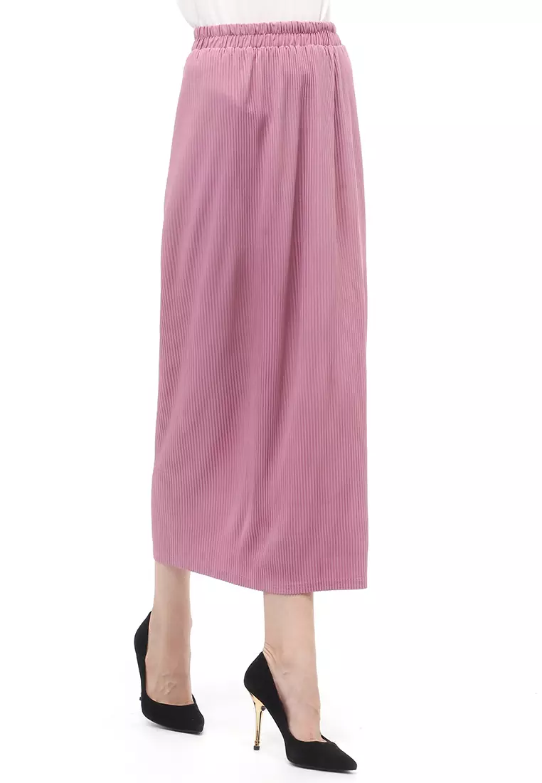 Rok Span Bawahan Wanita Motif Salur Skirt Rubbery Waist Casual - Dusty Pink