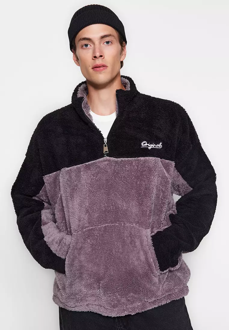 Stand Collar Zipper Color Block Color Block Thick Fleece/Plush Sweatshirt with Minimal Embroidery.