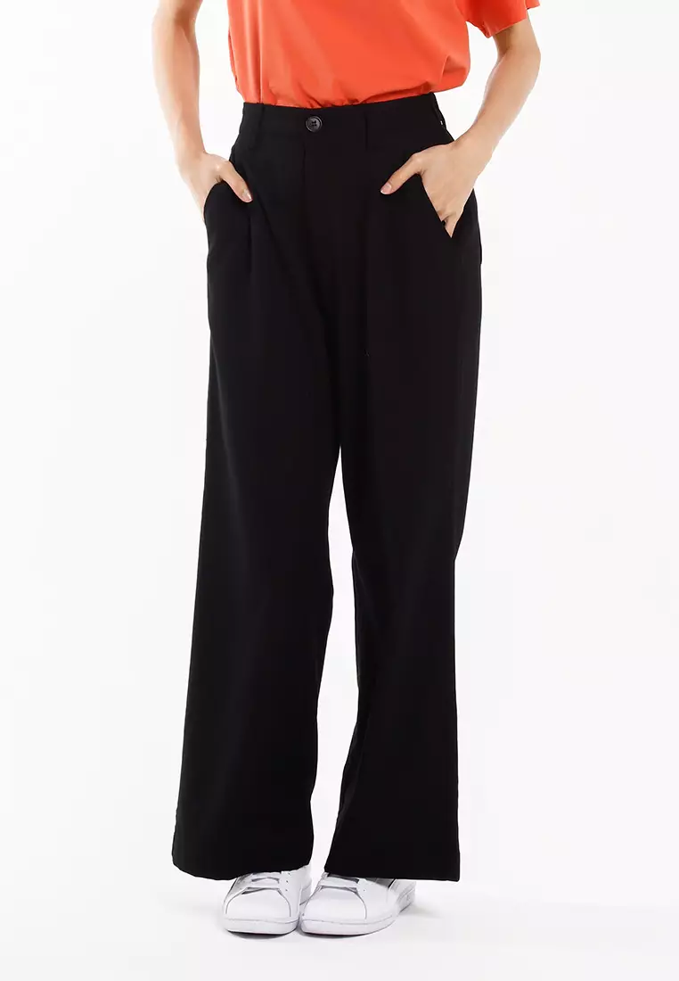 Forest Ladies Cotton Linen Blend Elastic Waisted Wide Leg Pants Women Long Pants - 810547-01Black