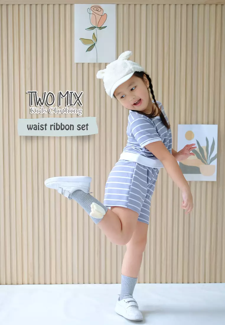 Two Mix - Baju Setelan Anak Perempuan Celana Pendek Salur 1-8 Tahun 4366 Dusty Blue