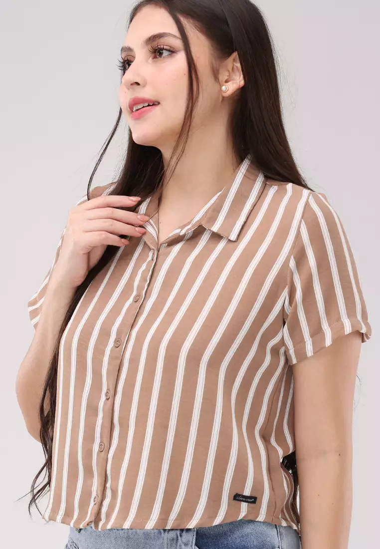 Crumpled Linen 3 Stripes Woven Short Sleeves Blouse