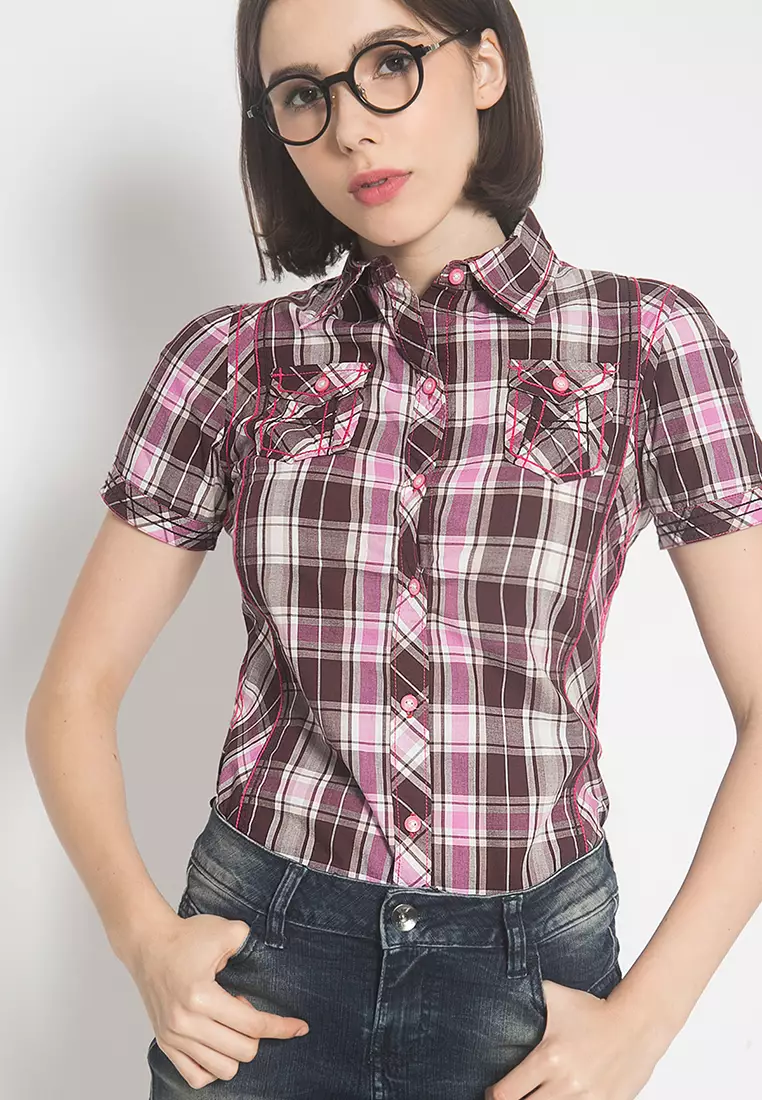 LGS Kemeja Wanita Lengan Pendek Motif Kotak Pink LSH.380.O1083.371.C