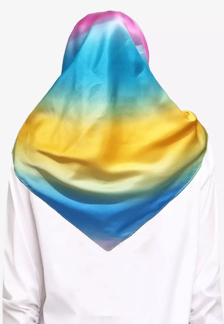Hijab Scarf Rainbow Square Scarf Hijab Segi Empat Gradasi Pelangi Satin Pink,Blue & Yellow