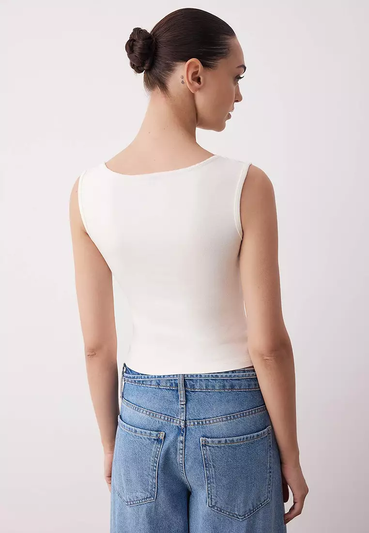 Lace Detailed V-Neck Cotton Stretch Knitted Tank Top