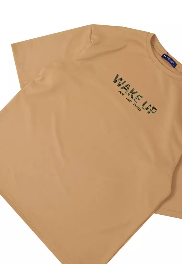 MTW58 Kaos Oversize Aesthetic Bahan Tebal "wake up" khaki