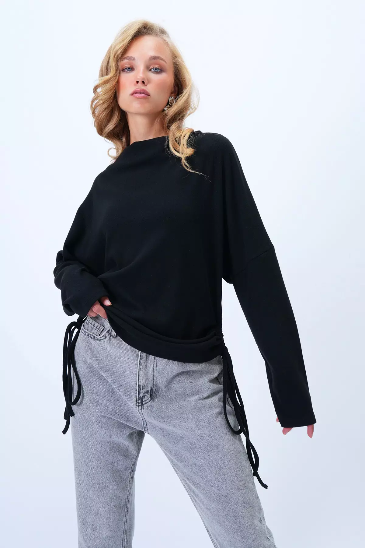 Women's Black Cowl Neck Batwing Sleeve Wide Cut Blouse Alc-X14399