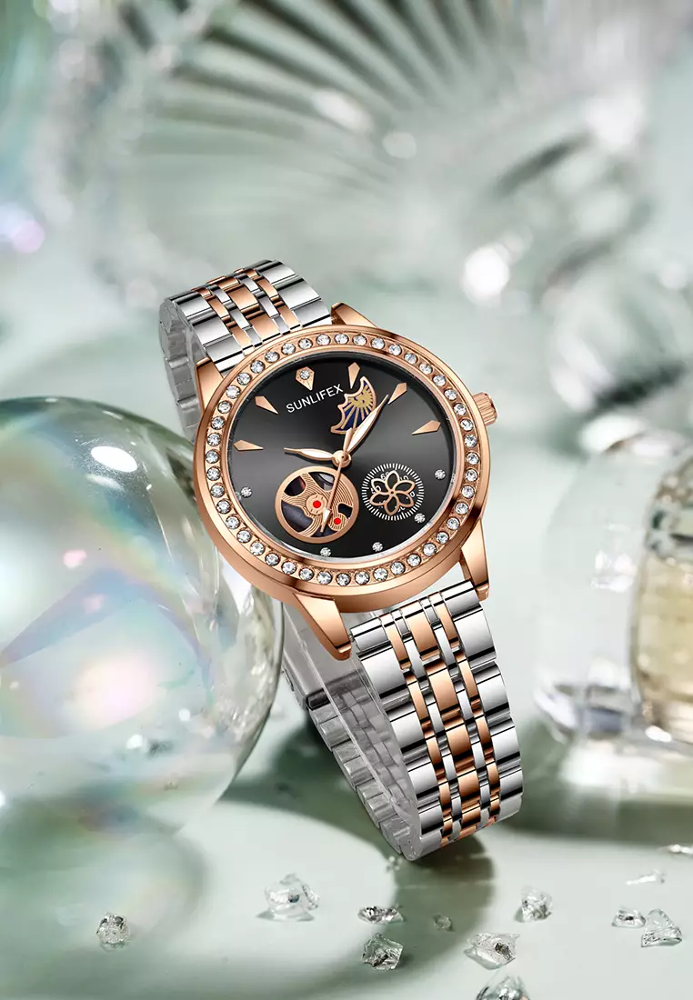 Jam Tangan Wanita E055 Korea Mewah Kuarsa Bercahaya Tali Paduan Jam Tangan Cewek Original black