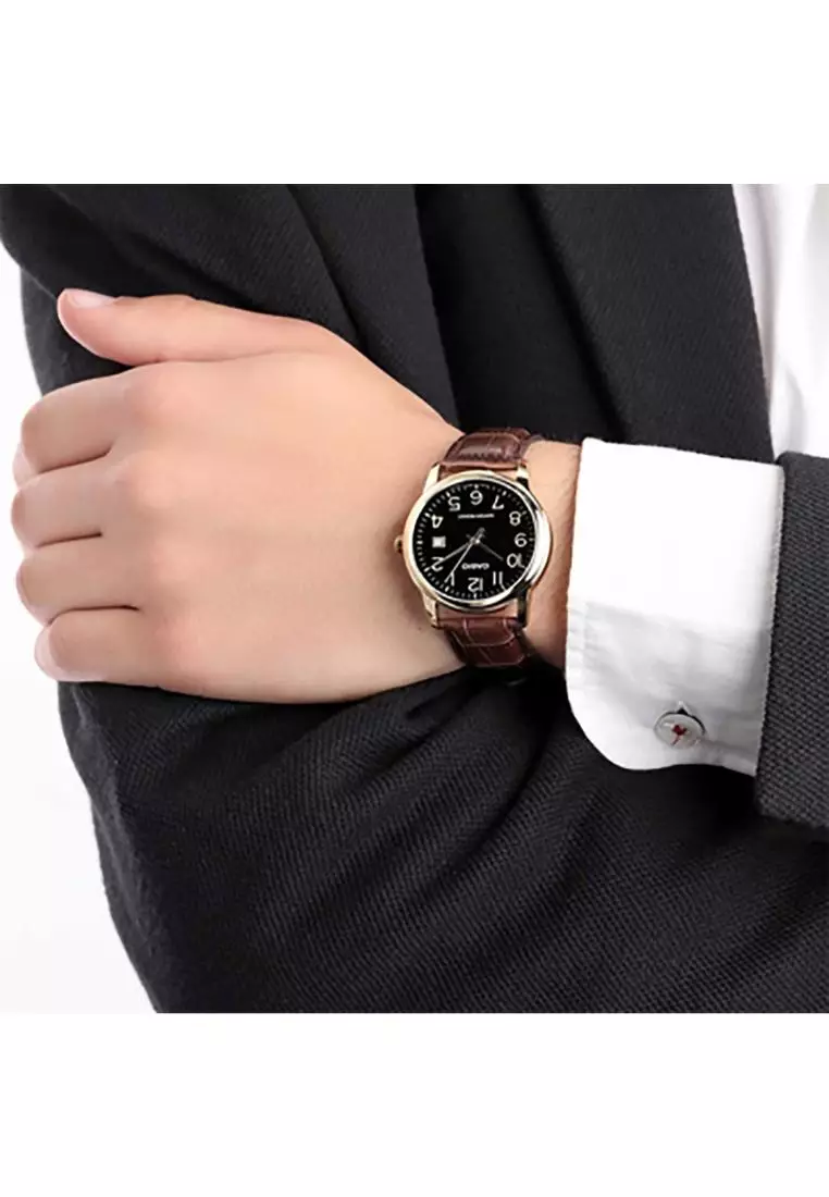 Couple Analog Watch MTP-LTP-V002GL-1B with Brown Leather Band