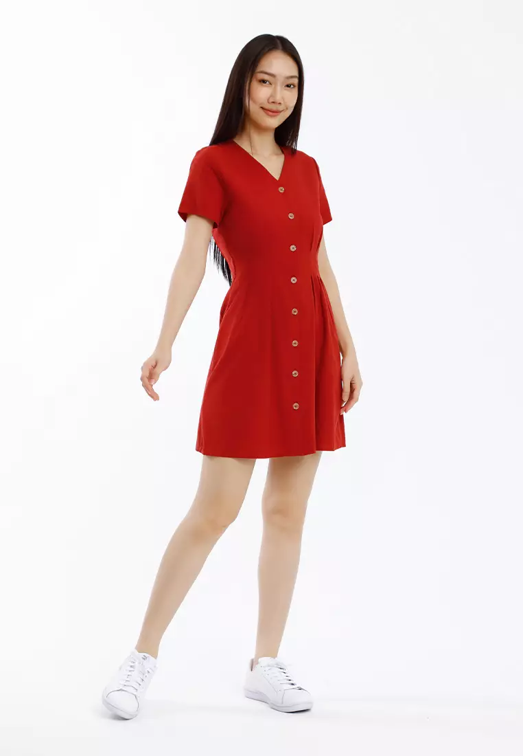 Forest Ladies Cotton Linen Dress Women Button Up V-Neck Dress - 885101-58BrickRed